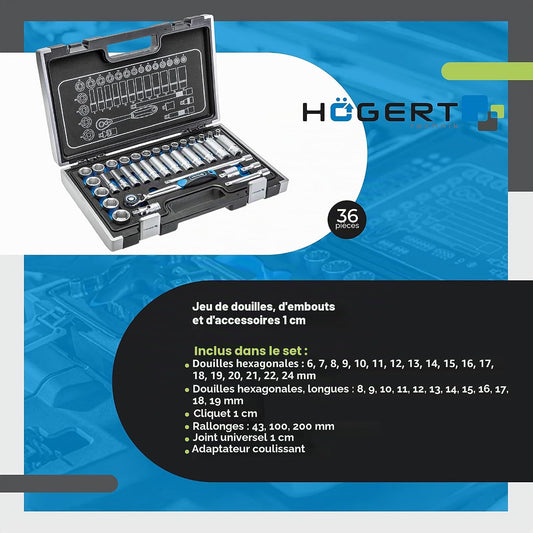 Högert Technik - Trousse à Outils, Coffret D'Outils 3/8" - HT1R465, 36 Pièces