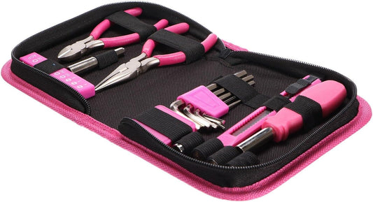 HOME PINK 26 | Kit D’outils 26 Pièces | Étui Textile Rose à Fermeture éclair | Réparations Domestiques