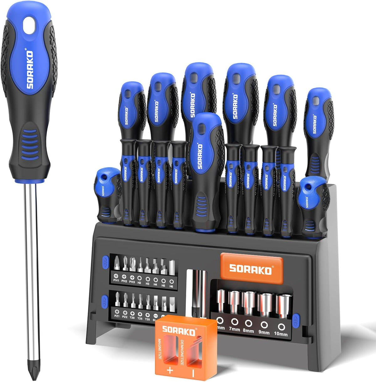 SORAKO Coffret Tournevis 11 Pièces, Avec Démagnétisation 2 En 1, Sac En Nylon Haute Densité, Pointe Magnétique, Poignée Antidérapante Professionnelle, Avec 5 Embouts Plats, 5 Cruciformes