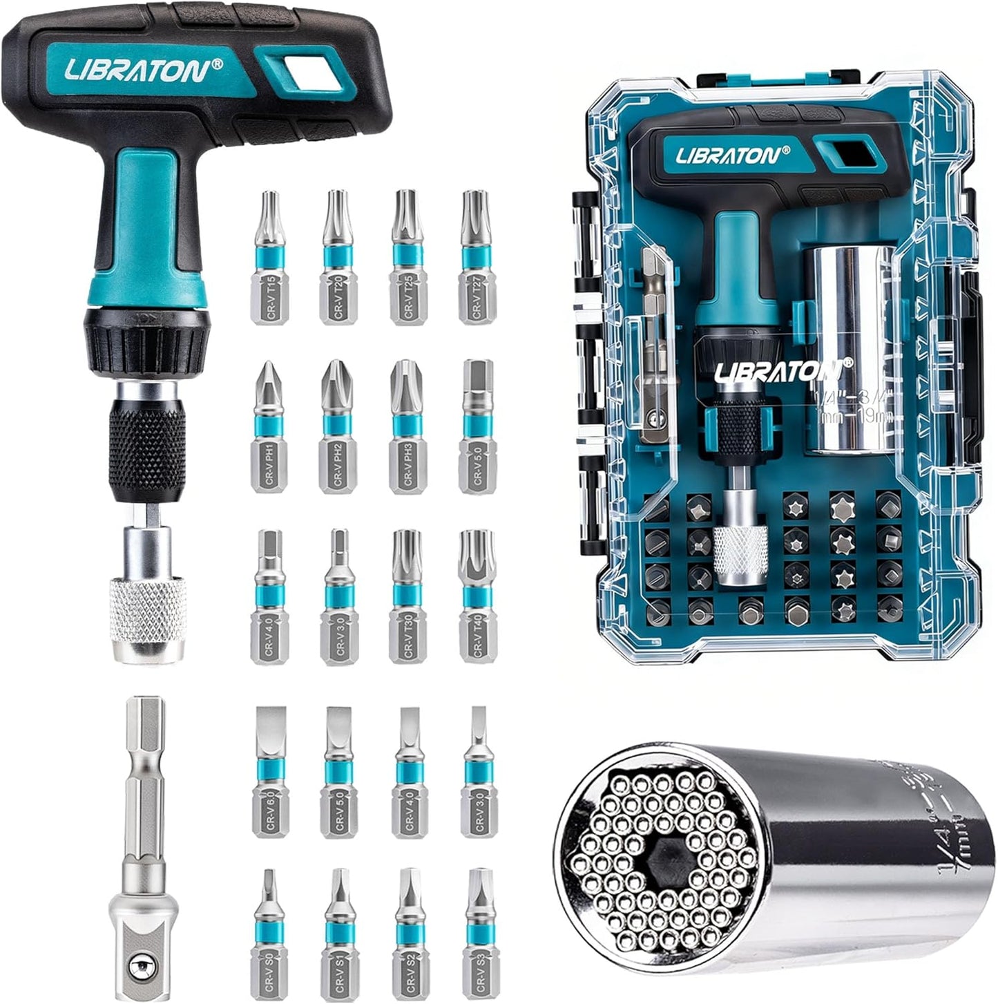 LIBRATON Ensemble De Cliquet Et De Douilles Mini 37 Pièces Avec Entraînement De 10,2 Mm, Embouts De 4–13 Mm, Manche Magnétique, Barres D’extension Et Joint Universel, Avec étui De Rangement Pour