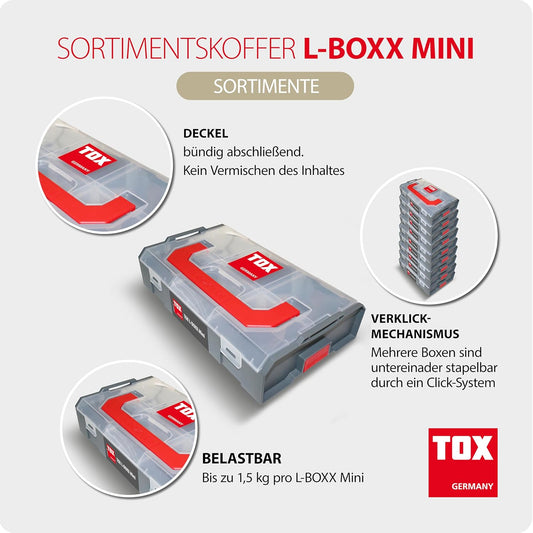 Boîte De Rangement TOX L-BOXX Mini Pour Vis Et Chevilles, Personnalisable + Pince De Fixation L-BOXX Fix Clip (2 Pièces Dans Le Sachet) Pour Une Fixation Sûre Sur Un établi, Un Mur, Etc., 094909143