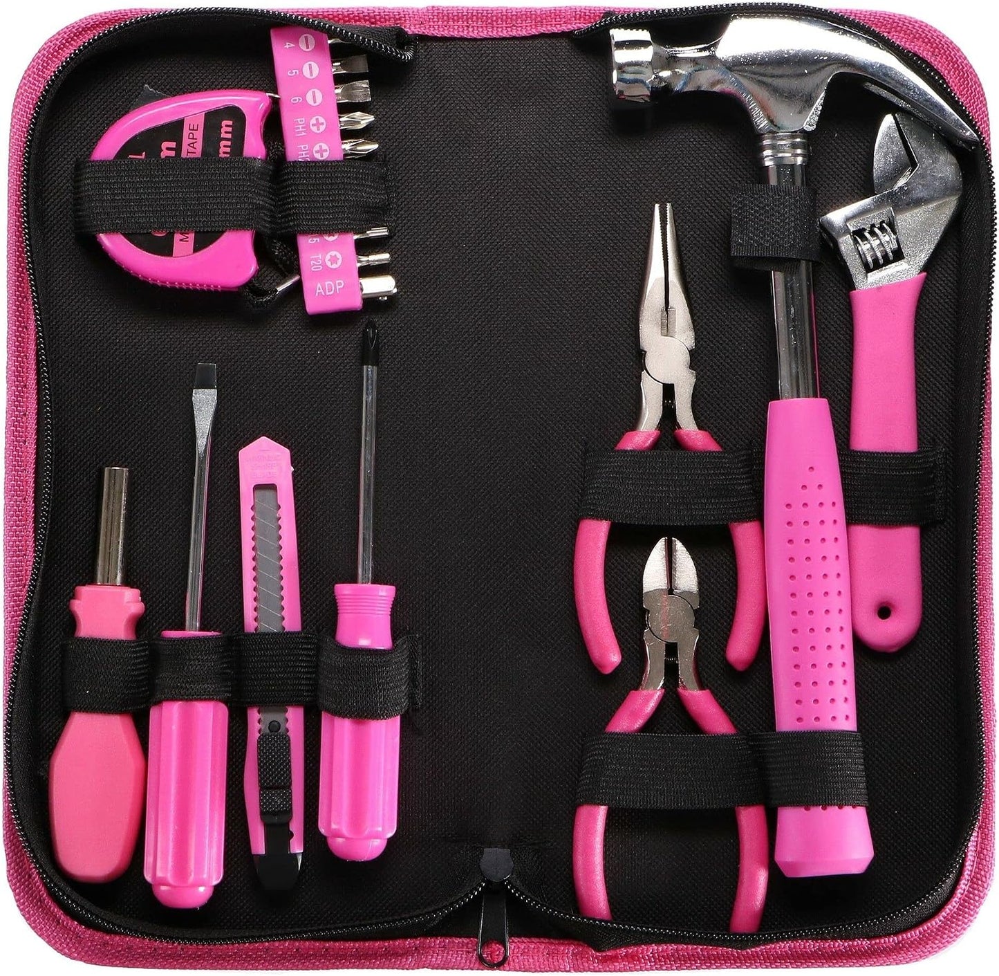 HOME PINK 26 | Kit D’outils 26 Pièces | Étui Textile Rose à Fermeture éclair | Réparations Domestiques