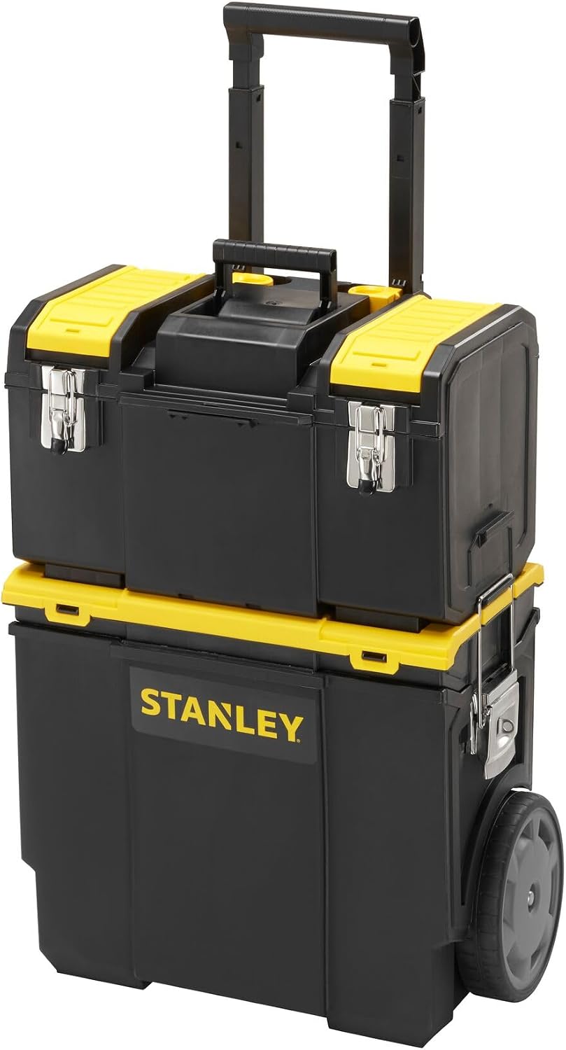  Stanley 1-70-326 Servante Compacte 3 En 1 - Boite À Outils Détachable - 2 Organiseurs Sur Le Couvercle - Bac Pour Électroportatif - Polypropylène Résistant - Poignée Télescopique - 630 X 475 X 284Mm Noir