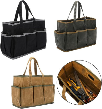  Sac à Outils En Toile Cirée Robuste Avec 10 Poches Pour Jardiniers, Bricoleurs Et électriciens - 36 X 14 X 26,5 Cm, Résistant à L'eau - 453,6 G (noir)