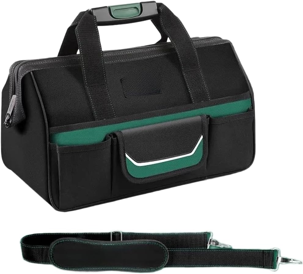  Sac à Outils Imperméable 1680D Robuste Pour électriciens Avec Plusieurs Poches En Toile Verte Avec Bande De Sécurité Réfléchissante Et Poignées Solides 38,5 Cm (B)