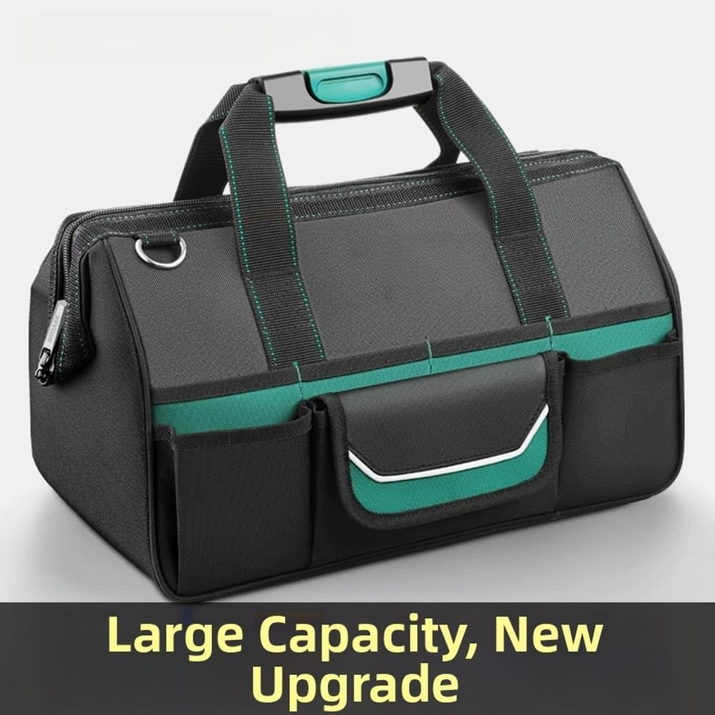  Sac à Outils Imperméable 1680D Robuste Pour électriciens Avec Plusieurs Poches En Toile Verte Avec Bande De Sécurité Réfléchissante Et Poignées Solides 38,5 Cm (B)