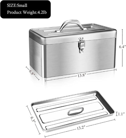  Boîte à Outils Portable En Acier Inoxydable Avec Serrure, Boîte à Outils à 2 Couches Avec Plateau Amovible, Boîte De Rangement De Voiture Avec Poignée Pour Voiture Domestique, Petite Taille