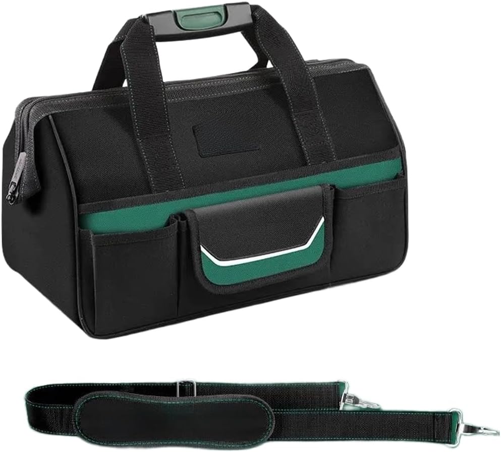  Sac à Outils Imperméable 1680D Robuste Pour électriciens Avec Plusieurs Poches En Toile Verte Avec Bande De Sécurité Réfléchissante Et Poignées Solides 38,5 Cm (B)