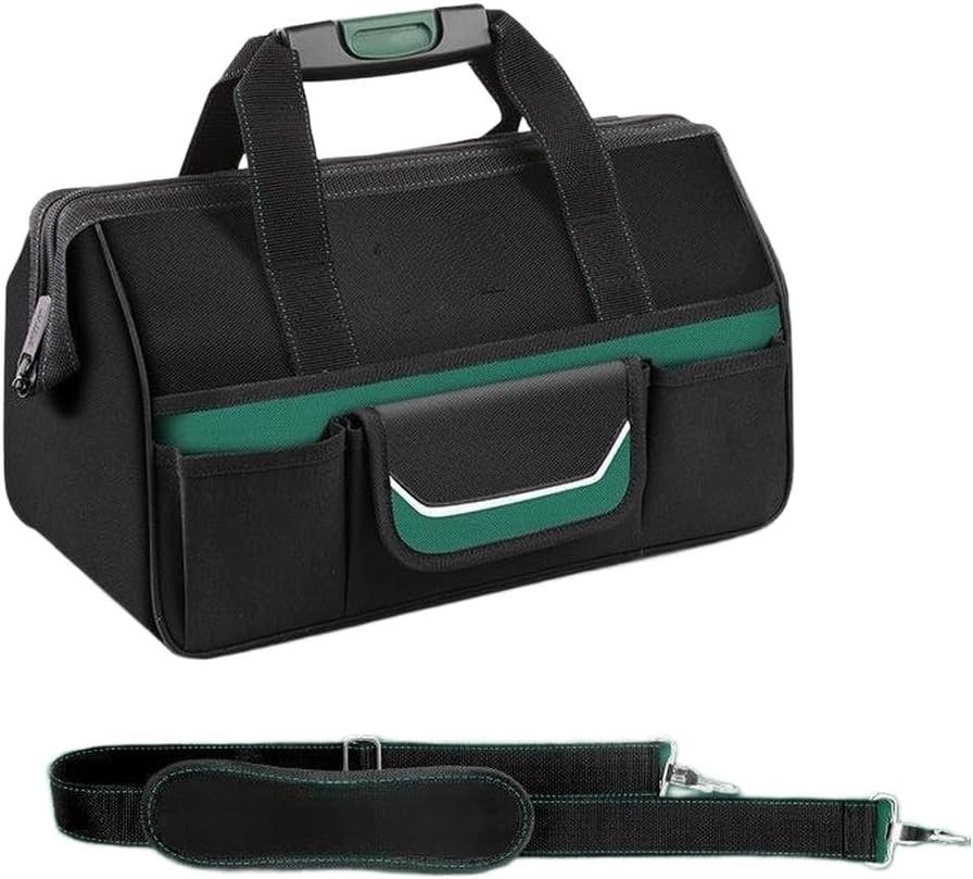 Sac à Outils Imperméable 1680D Robuste Pour électriciens Avec Plusieurs Poches En Toile Verte Avec Bande De Sécurité Réfléchissante Et Poignées Solides 38,5 Cm (B)