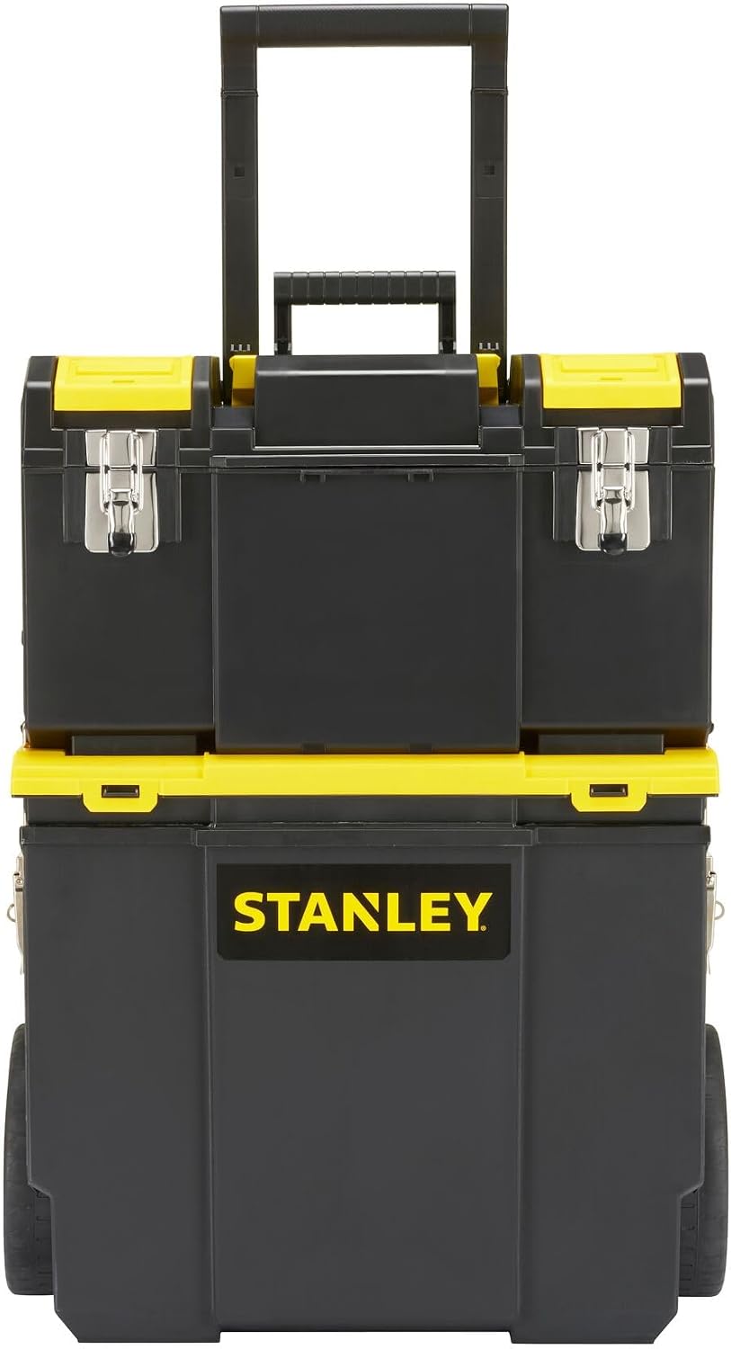  Stanley 1-70-326 Servante Compacte 3 En 1 - Boite À Outils Détachable - 2 Organiseurs Sur Le Couvercle - Bac Pour Électroportatif - Polypropylène Résistant - Poignée Télescopique - 630 X 475 X 284Mm Noir