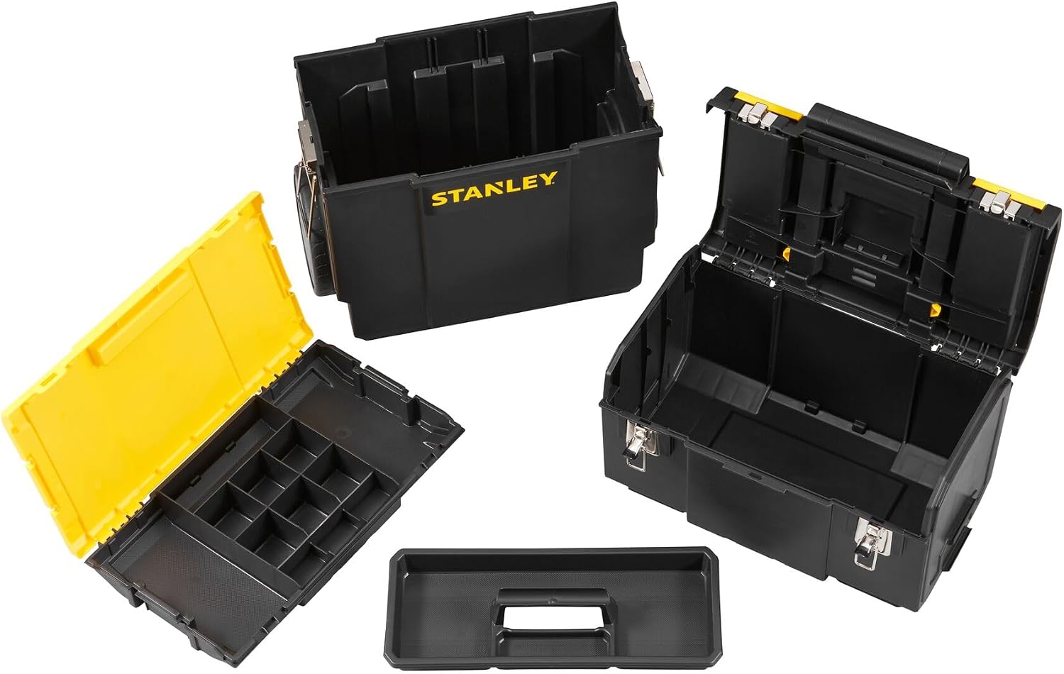  Stanley 1-70-326 Servante Compacte 3 En 1 - Boite À Outils Détachable - 2 Organiseurs Sur Le Couvercle - Bac Pour Électroportatif - Polypropylène Résistant - Poignée Télescopique - 630 X 475 X 284Mm Noir
