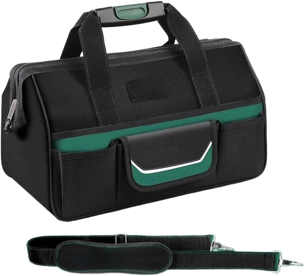  Sac à Outils Imperméable 1680D Robuste Pour électriciens Avec Plusieurs Poches En Toile Verte Avec Bande De Sécurité Réfléchissante Et Poignées Solides 38,5 Cm (B)