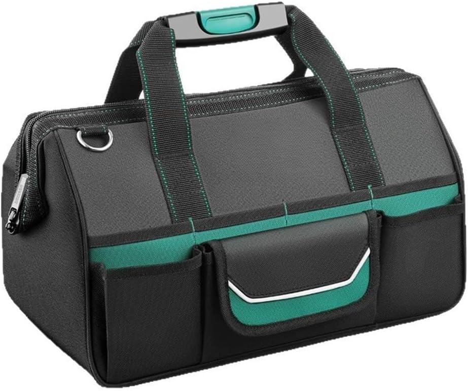  Sac à Outils Imperméable 1680D Robuste Pour électriciens Avec Plusieurs Poches En Toile Verte Avec Bande De Sécurité Réfléchissante Et Poignées Solides 38,5 Cm (B)