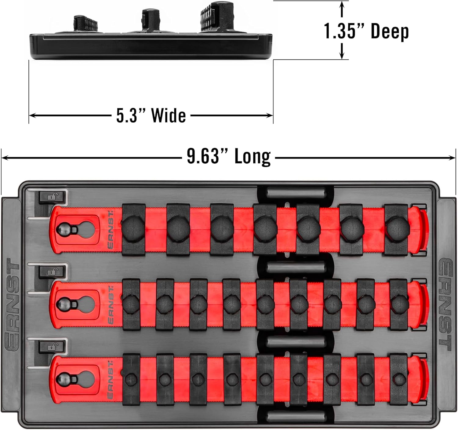  Ernst Manufacturing Plateau à Douilles 8" 3 Rails, Rouge - Entraînement 1/4", 3/8", 1/2"