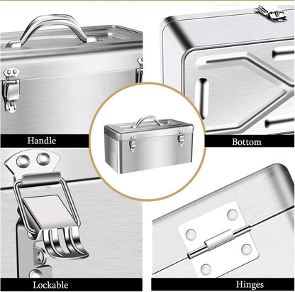  Boîte à Outils Portable En Acier Inoxydable Avec Serrure, Boîte à Outils à 2 Couches Avec Plateau Amovible, Boîte De Rangement De Voiture Avec Poignée Pour Voiture Domestique, Petite Taille