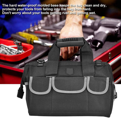  Sac à Outils 35cm Avec Base Étanche & Bandoulière | Organisateur D'Outils Robuste En Tissu Oxford Pour Électricien & Bricolage, Gris