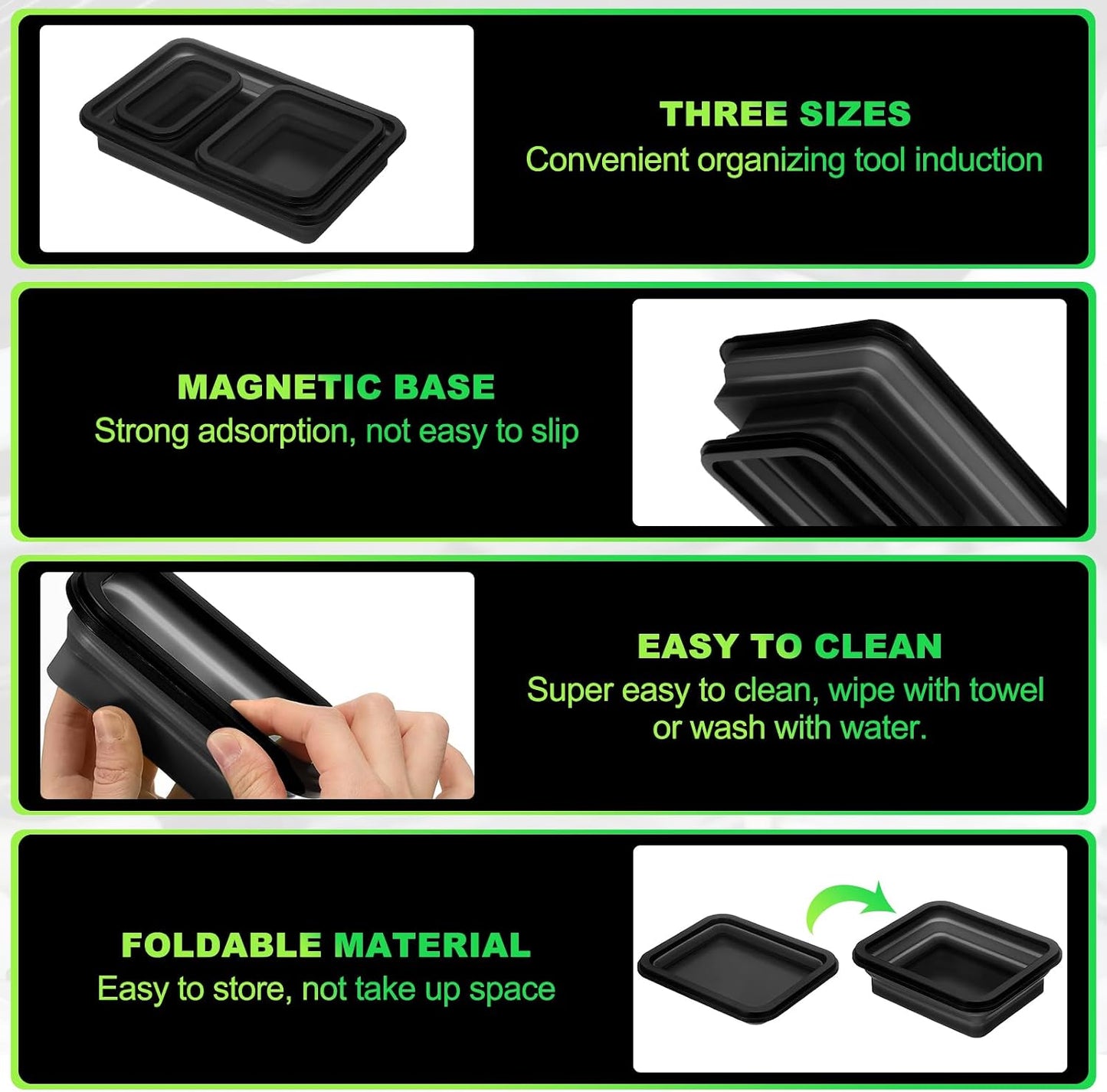  Sourcing Map Lot De 3 Plateaux Magnétiques Pliables De 3 Tailles Différentes Pour Petites Pièces Métalliques Rectangulaires En Silicone Pour Fixer Vis, Boulons, écrous, Rondelles, Broches, Noir