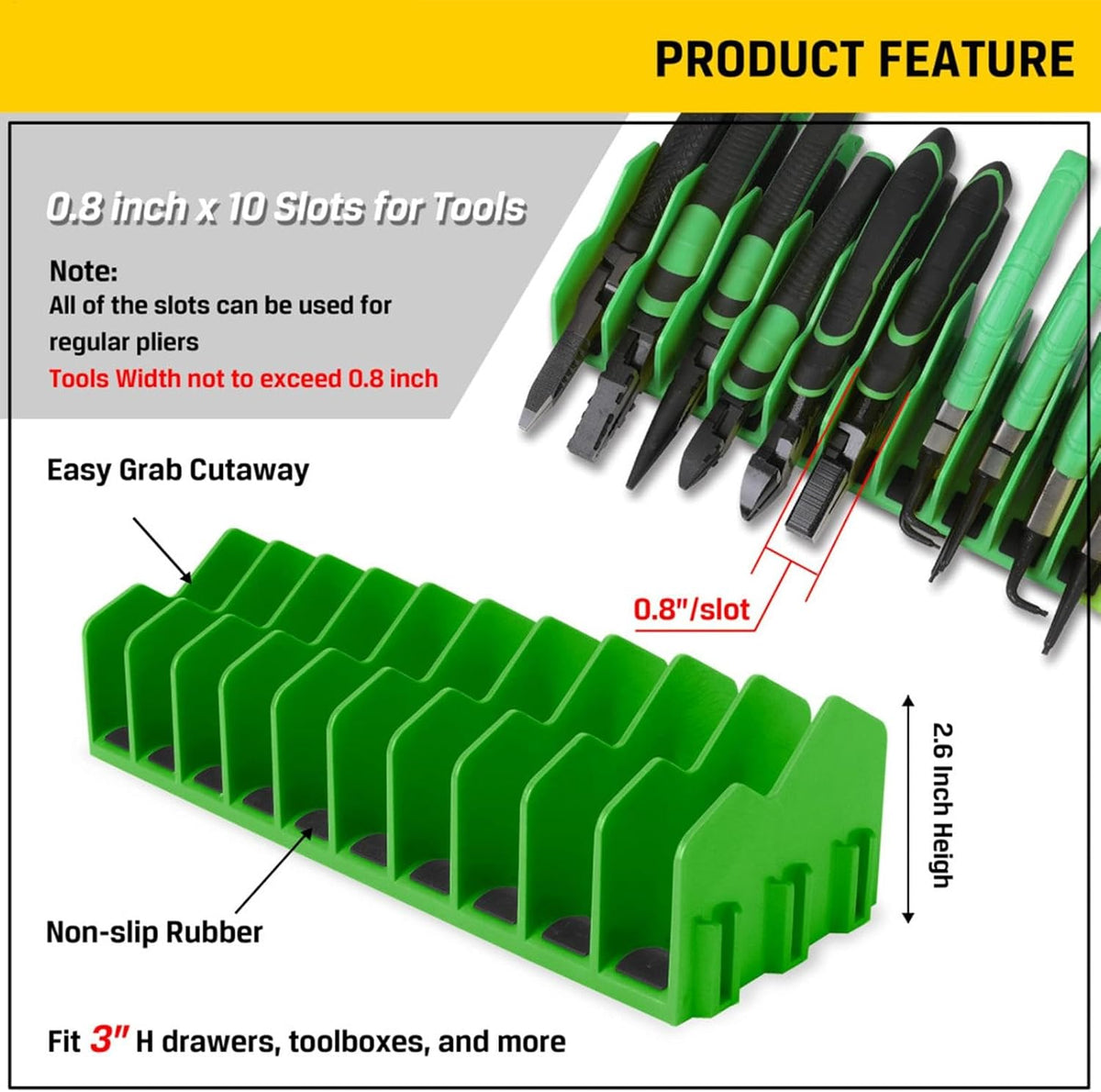  Support De Pince Pour Tiroir à Outils, 10 Pinces à Outils, Base En Caoutchouc Antidérapant, Rangement Robuste Pour Boîte à Outils, Intérieur, Garage, Outils, Jaune, Bleu, Vert 25,4 Cm