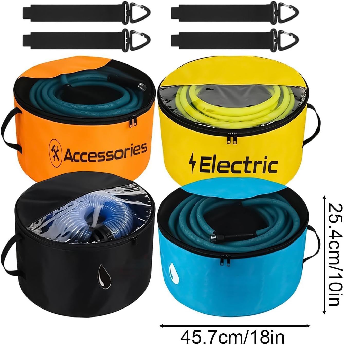  Sac Rangement Pour Tuyau D'Eau Camping-Car,Lot De 4 Organisateurs Imperméables Robustes - Sac Tuyau Évacuation Fenêtre Transparente Double Fermeture Éclair | Pour Câbles Électriques Et Outils