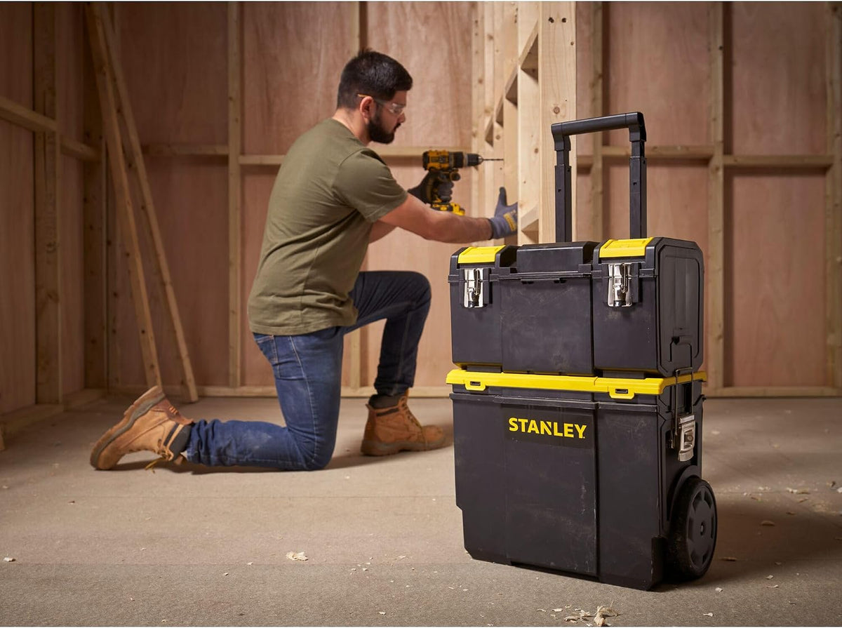  Stanley 1-70-326 Servante Compacte 3 En 1 - Boite À Outils Détachable - 2 Organiseurs Sur Le Couvercle - Bac Pour Électroportatif - Polypropylène Résistant - Poignée Télescopique - 630 X 475 X 284Mm Noir