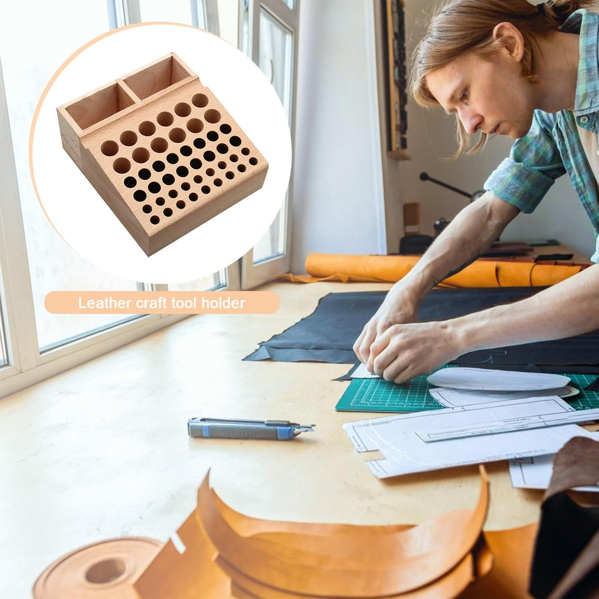 GENERIC Boîte à Outils,Stand à Perforation En Cuir | Boîte De Rangement En Bois Pour Outils En Cuir,Usage Domestique Et Artisanal Pour Les Femmes Et Les Hommes