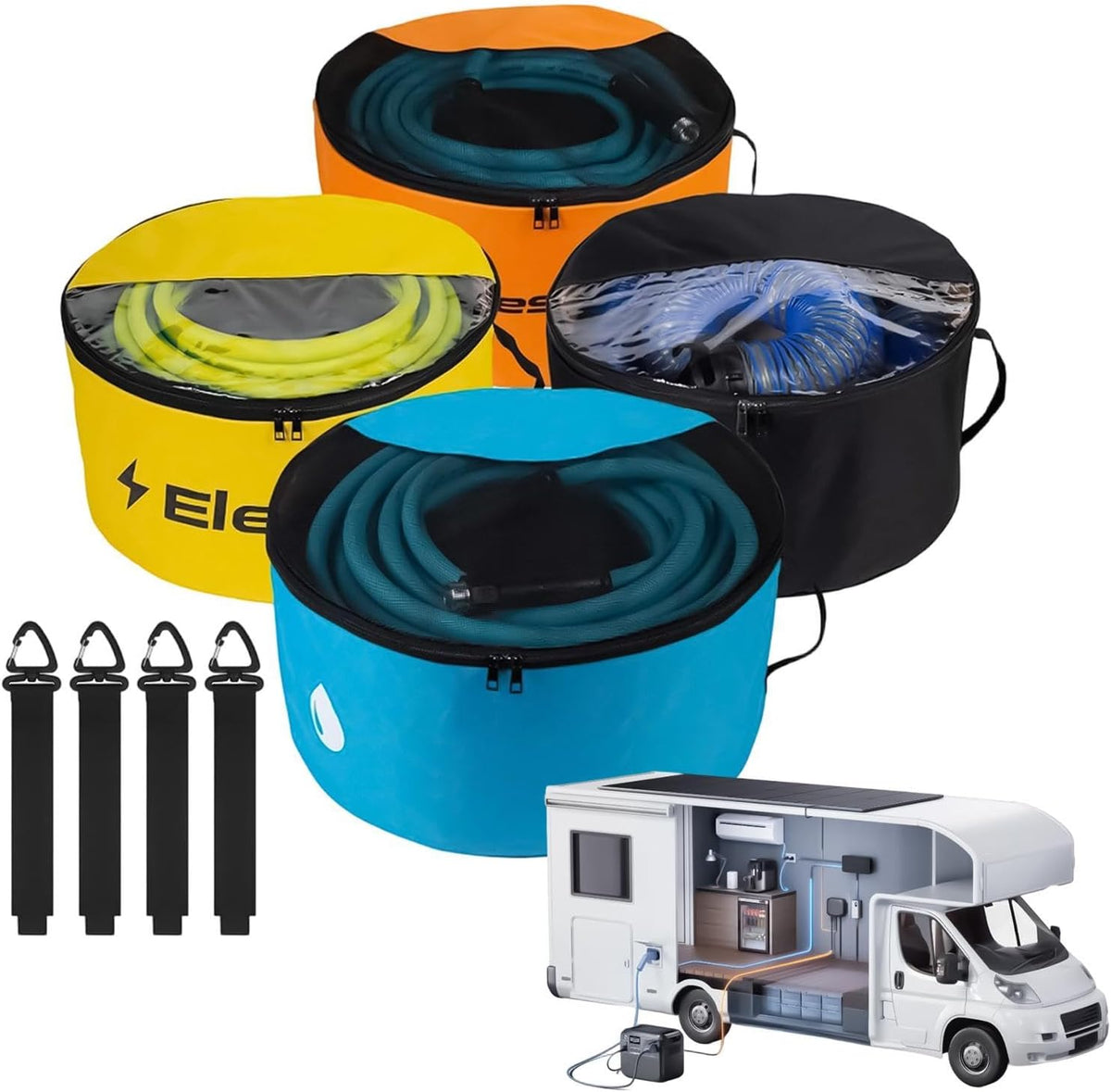  Sac Rangement Pour Tuyau D'Eau Camping-Car,Lot De 4 Organisateurs Imperméables Robustes - Sac Tuyau Évacuation Fenêtre Transparente Double Fermeture Éclair | Pour Câbles Électriques Et Outils