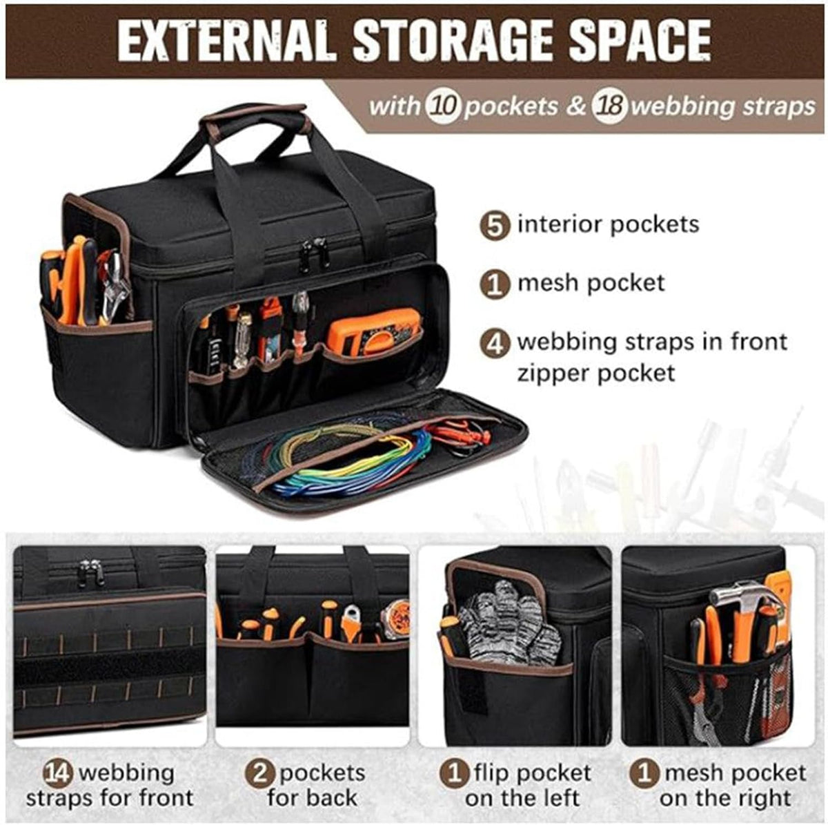 GENERIC Sac à Outils D'électricien | Bandoulière Réglable De Grande Capacité, Organisation Portable Pour Rangement D'outils – Pour électricien, Mécanicien, Charpentier, Construction, Voyage, Jardin