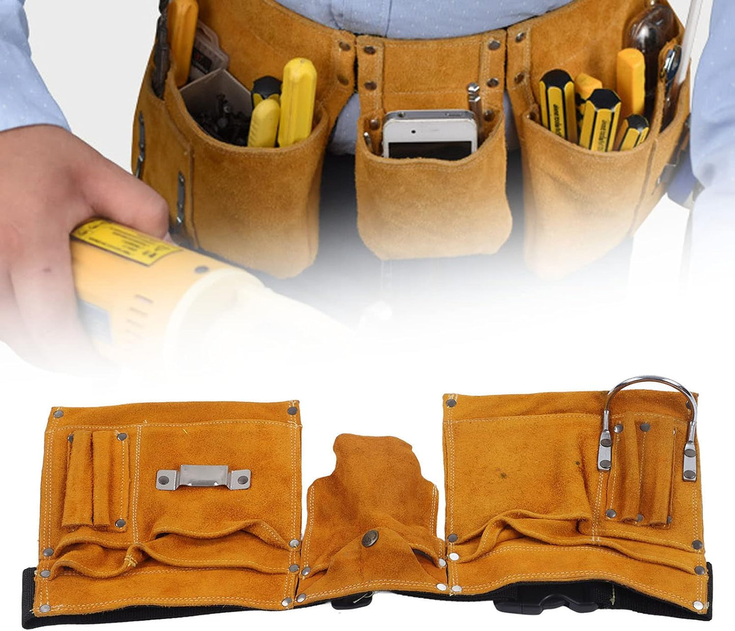  Sac De Ceinture à Outils En Cuir De Vache, Résistant Aux Coupures, Robuste, Respirant, Pochette De Taille Réglable Pour Les Travailleurs D'entretien