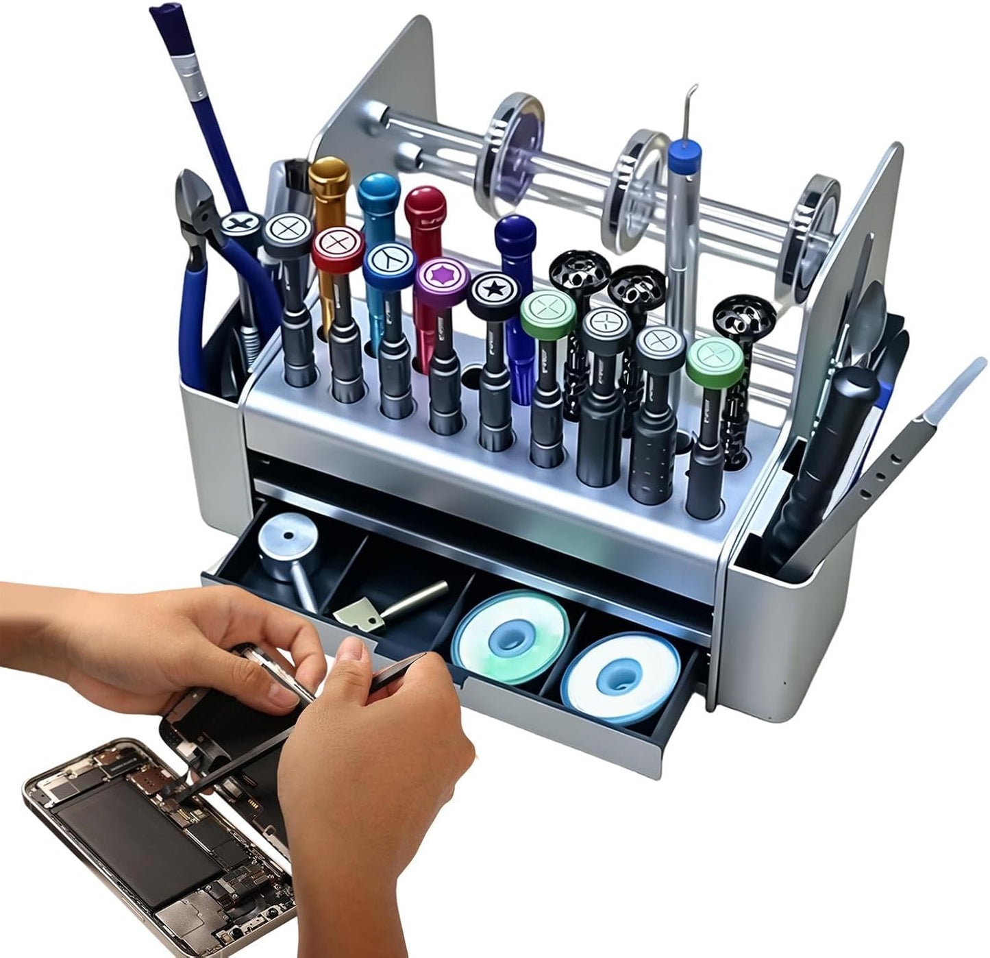  Boîte De Rangement Réparation Téléphone | Avec Tiroir Et Organiseur Gain De Place | Plateau À Outils Réparation Téléphone DIY,pour Tournevis Huile Soudure Cutter Vis Intérieur Bureau Maison Garage