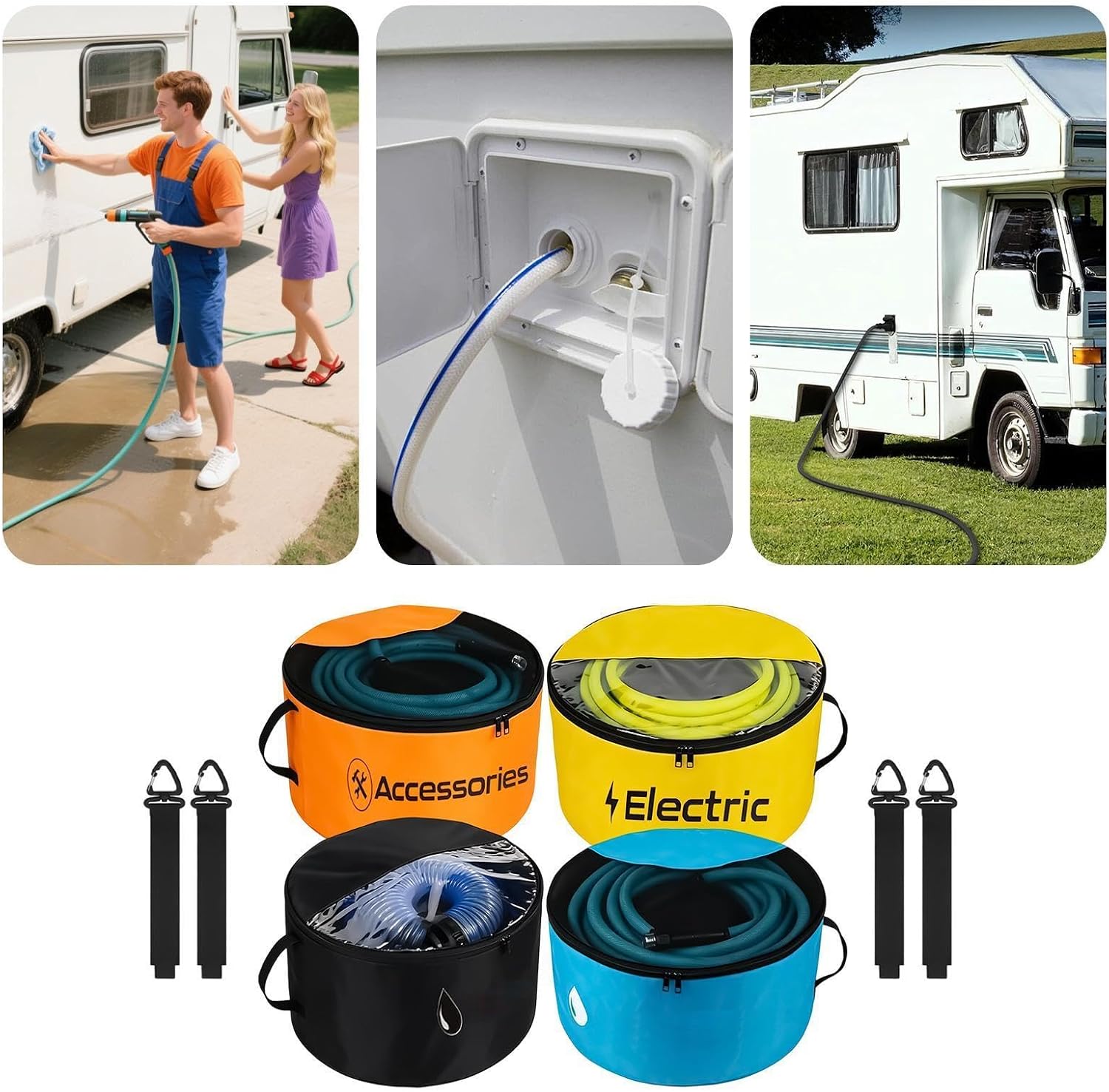  Sac Rangement Pour Tuyau D'Eau Camping-Car,Lot De 4 Organisateurs Imperméables Robustes - Sac Tuyau Évacuation Fenêtre Transparente Double Fermeture Éclair | Pour Câbles Électriques Et Outils