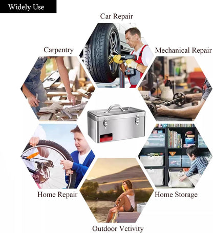  Boîte à Outils Portable En Acier Inoxydable Avec Serrure, Boîte à Outils à 2 Couches Avec Plateau Amovible, Boîte De Rangement De Voiture Avec Poignée Pour Voiture Domestique, Petite Taille