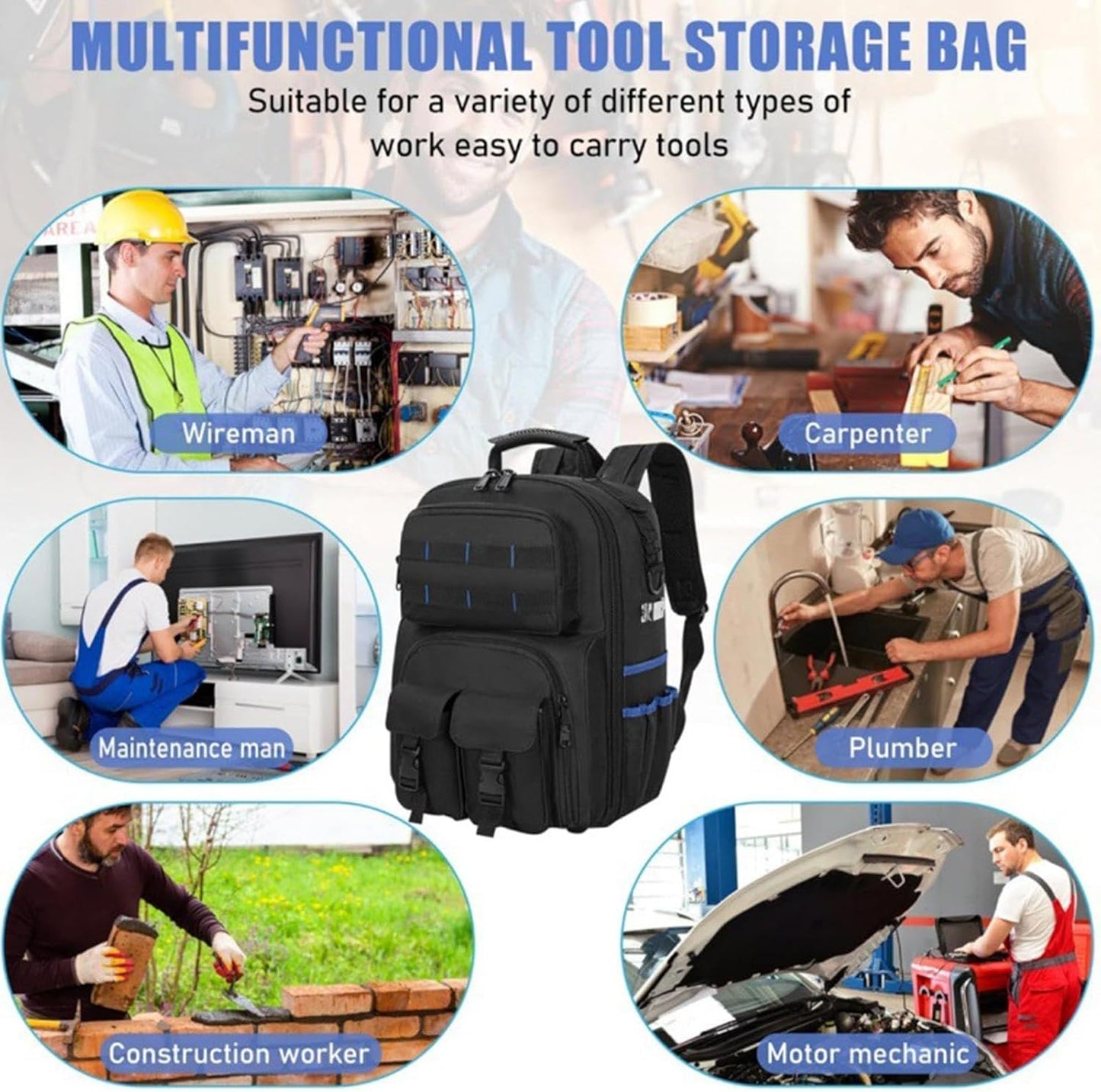 GENERIC Sac à Dos à Outils Robuste | Organiseur à Base Rigide – Avec Plusieurs Poches – Sac à Outils Robuste | Pour Charpentier, Soudeur, Construction, Extérieur Industriel