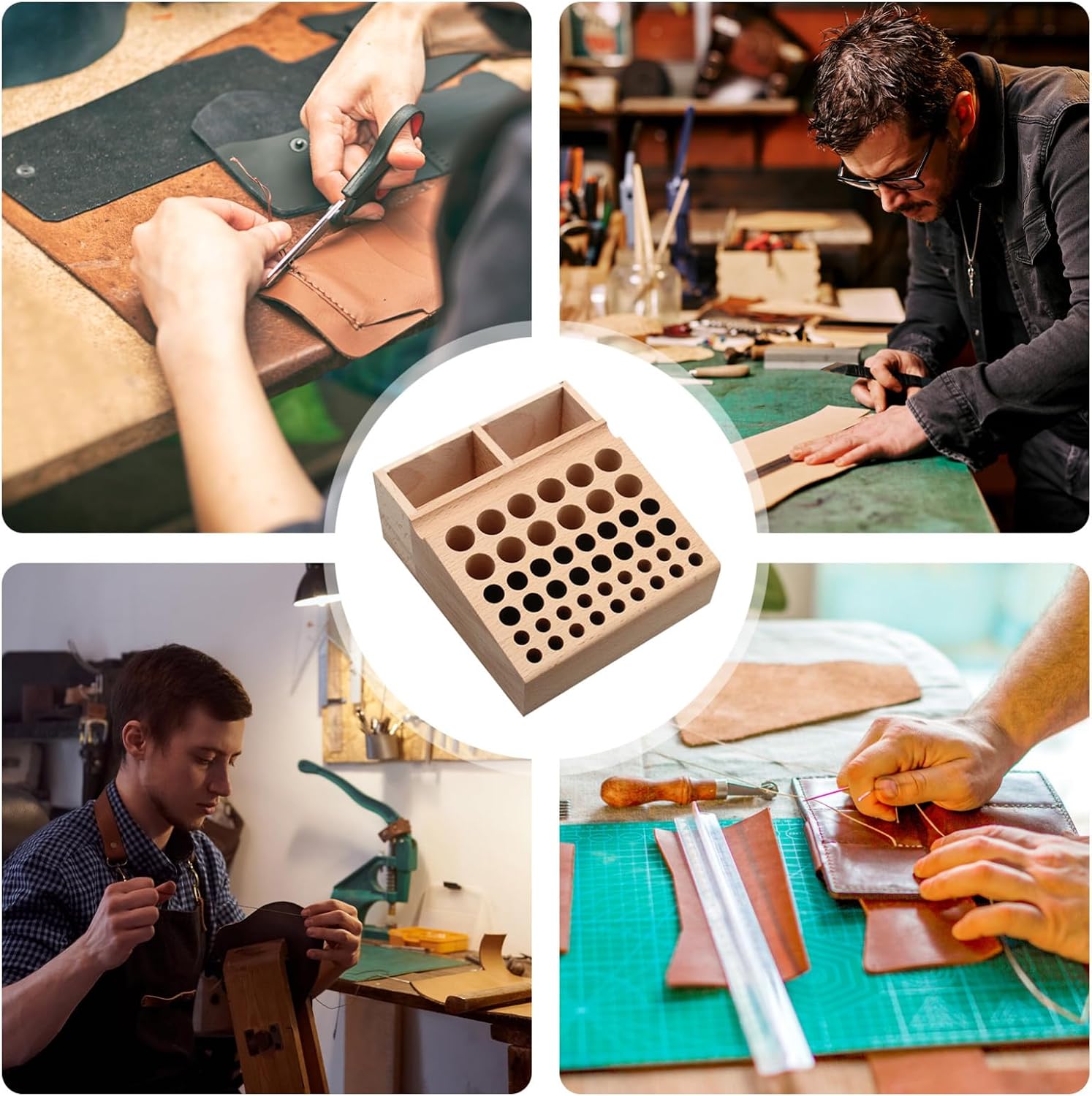 GENERIC Boîte à Outils,Stand à Perforation En Cuir | Boîte De Rangement En Bois Pour Outils En Cuir,Usage Domestique Et Artisanal Pour Les Femmes Et Les Hommes
