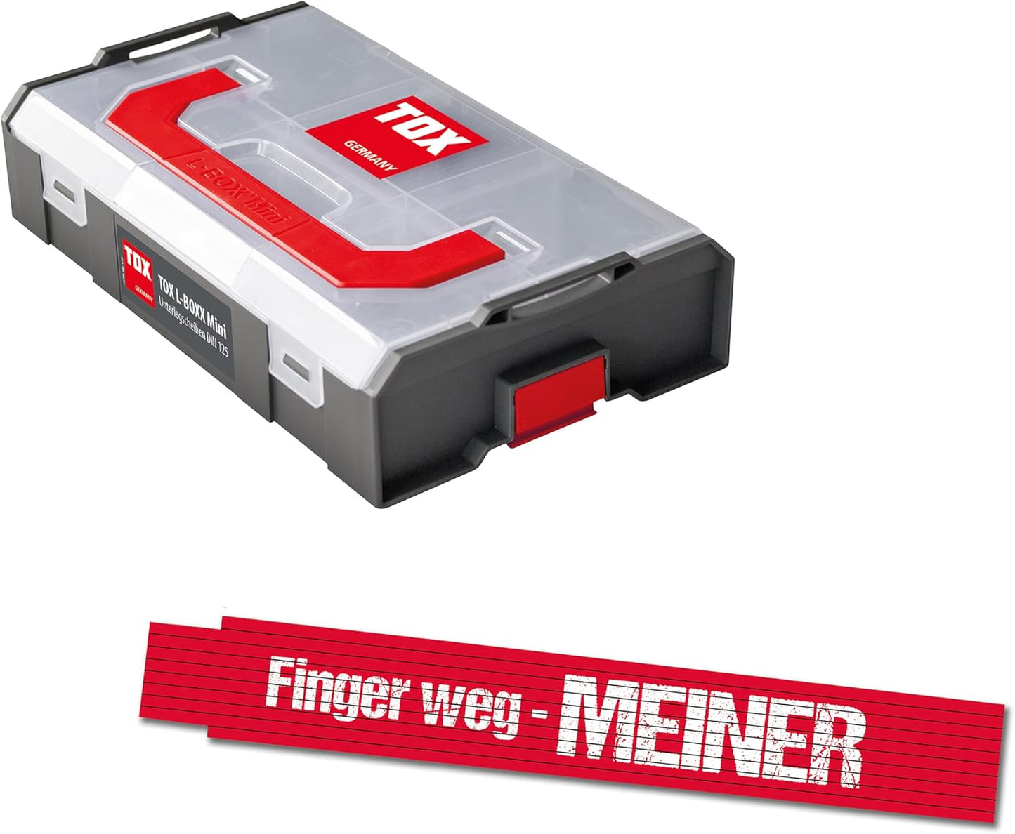  TOX L-BOXX Mini Jeu De Rondelles DIN 9021 (400 Pièces) + Mètre Pliant 2 M Rouge Avec Impression, Rondelles En 6 Tailles Courantes Dans Un Bac De Rangement Adaptable Et Encliquetable, 094909163