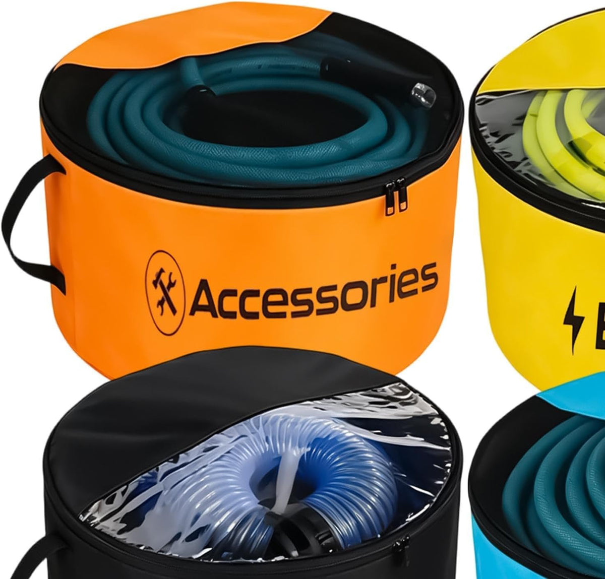  Sac Rangement Pour Tuyau D'Eau Camping-Car,Lot De 4 Organisateurs Imperméables Robustes - Sac Tuyau Évacuation Fenêtre Transparente Double Fermeture Éclair | Pour Câbles Électriques Et Outils