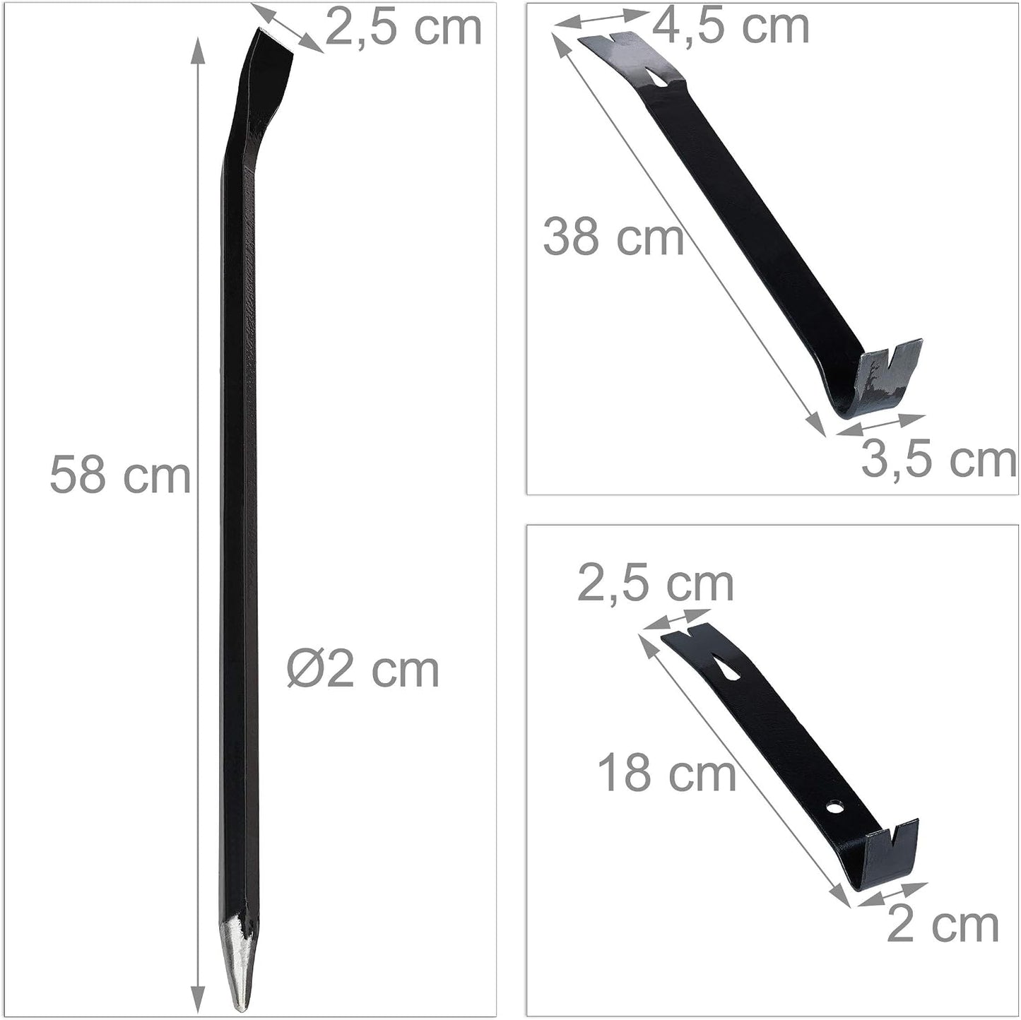  Relaxdays Pied-de-biche Lot De 5 Pièces, Levier Hexagonal, Grand Arrache-clou, En Acier, Noir