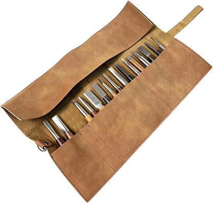 GENERIC Rouleau à Outils En Cuir, Pochette De Rangement Portable, 39 X 24 Cm, Sac De Rangement En Cuir Synthétique Avec 5 Emplacements, Porte-outils De Style Rétro, Style Utilitaire Professionnel Minimal