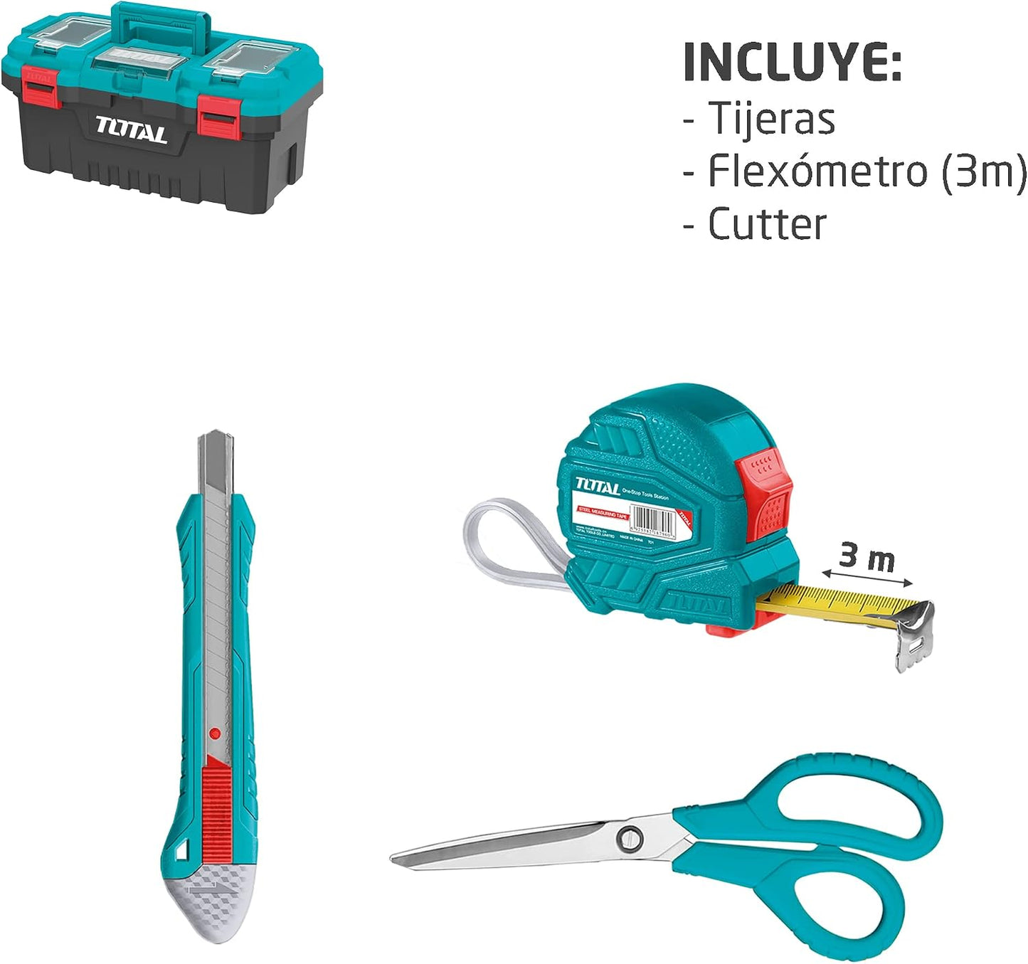  TOTAL - Boîte De 32 Outils 17" (43 Cm) | Pince, Clé, Tournevis Et Marteau Avec Tire-lave | Flexomètre, Embouts Et Arc De Scie | Testeur De Tension
