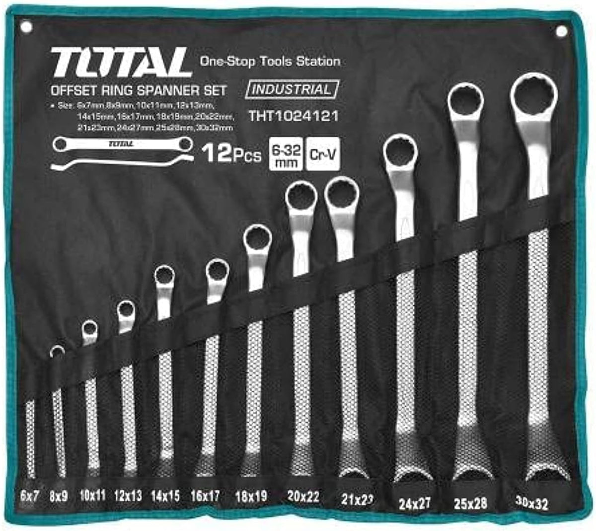  Total Tools - Sac Avec 12 Clés Fixes Décalées | Clés Doubles | Mesures De 6 à 32 Mm | Pour Serrer Ou Desserrer Les écrous Et Les Vis à Tête Hexagonale | Fabriqué En Chrome Vanadium