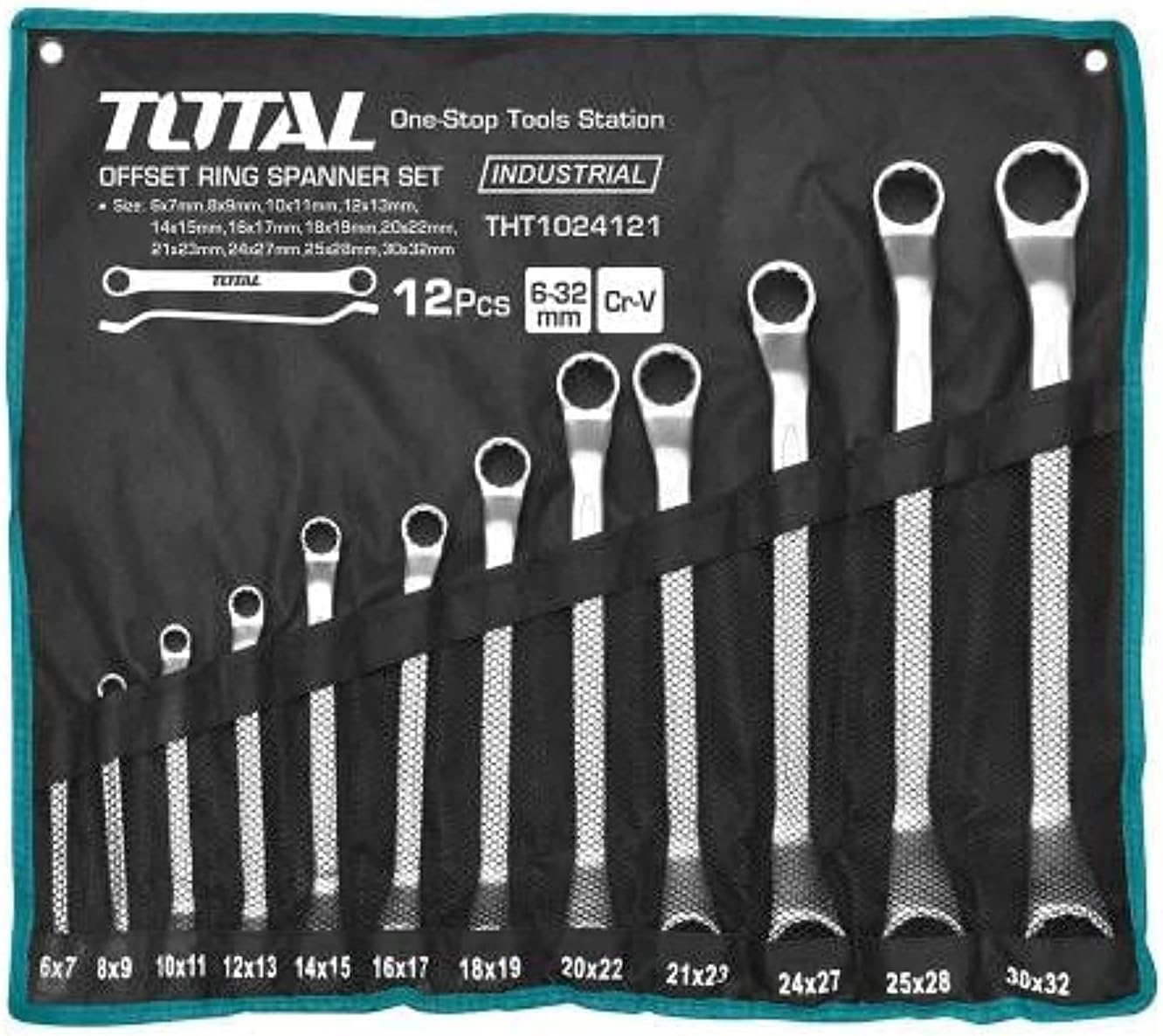  Total Tools - Sac Avec 12 Clés Mixtes | Mesures De 6 à 24 Mm | Clé Fixe Et Clé Coudée | Pour Serrer Ou Desserrer Les écrous Et Les Vis à Tête Hexagonale | Fabriqué En Chrome Vanadium