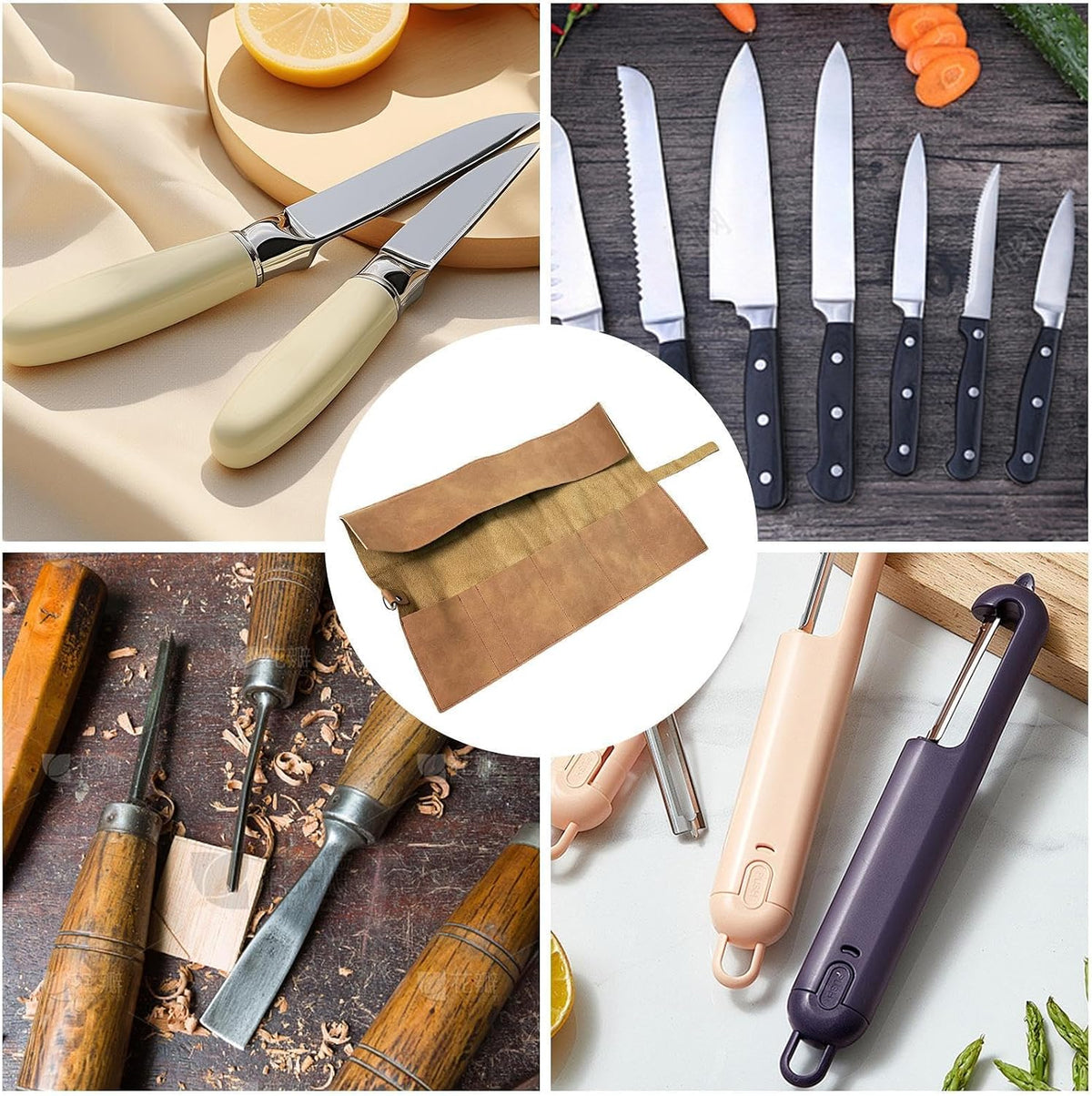 GENERIC Rouleau à Outils En Cuir, Pochette De Rangement Portable, 39 X 24 Cm, Sac De Rangement En Cuir Synthétique Avec 5 Emplacements, Porte-outils De Style Rétro, Style Utilitaire Professionnel Minimal