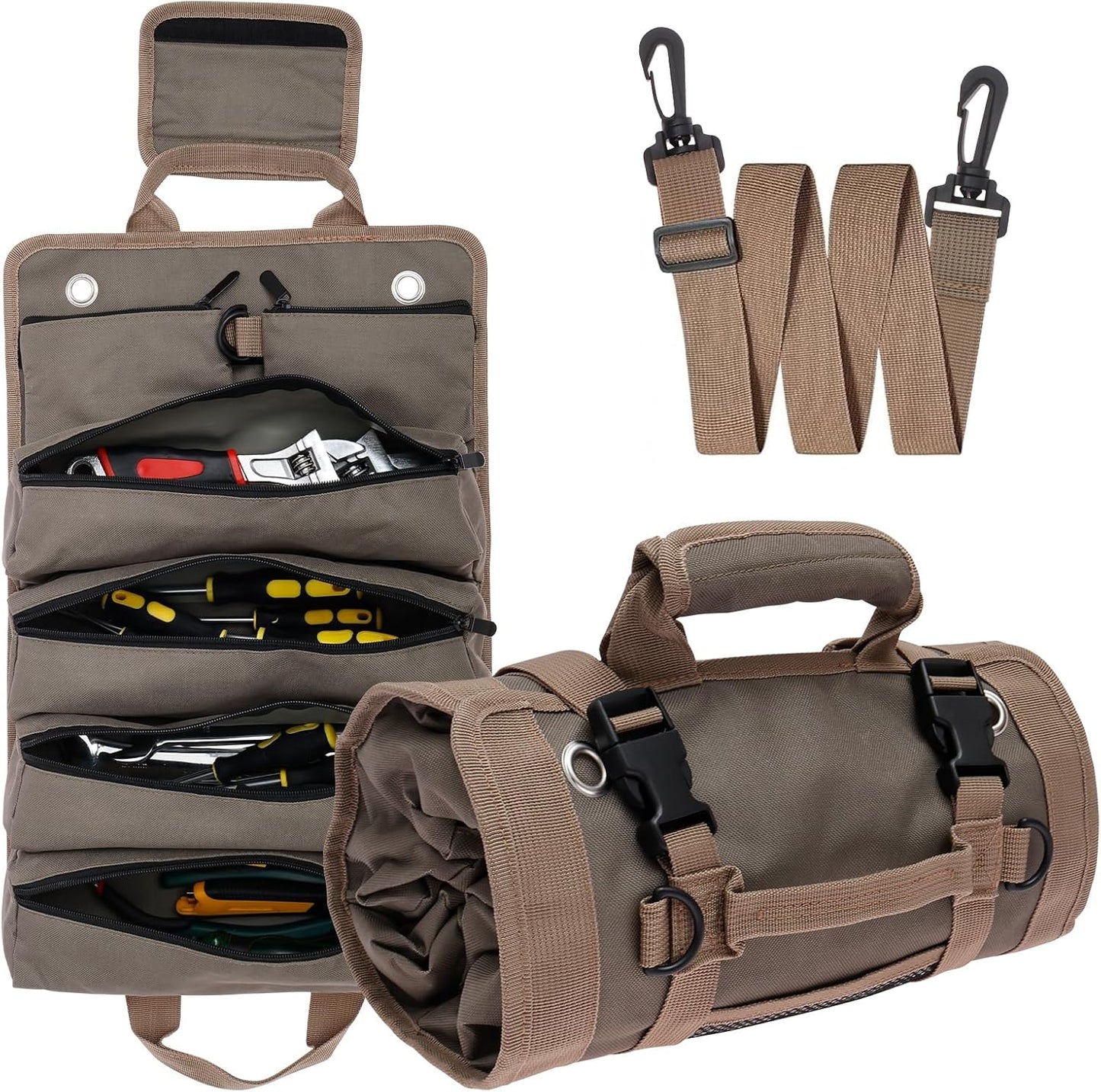  Sac à Outils Enroulable Robuste En Tissu Oxford Multi-poches Avec Poignée De Transport, Porte-clé Portable Pour Charpentier, Plombier, Maison, Atelier, Garage (vert Militaire)