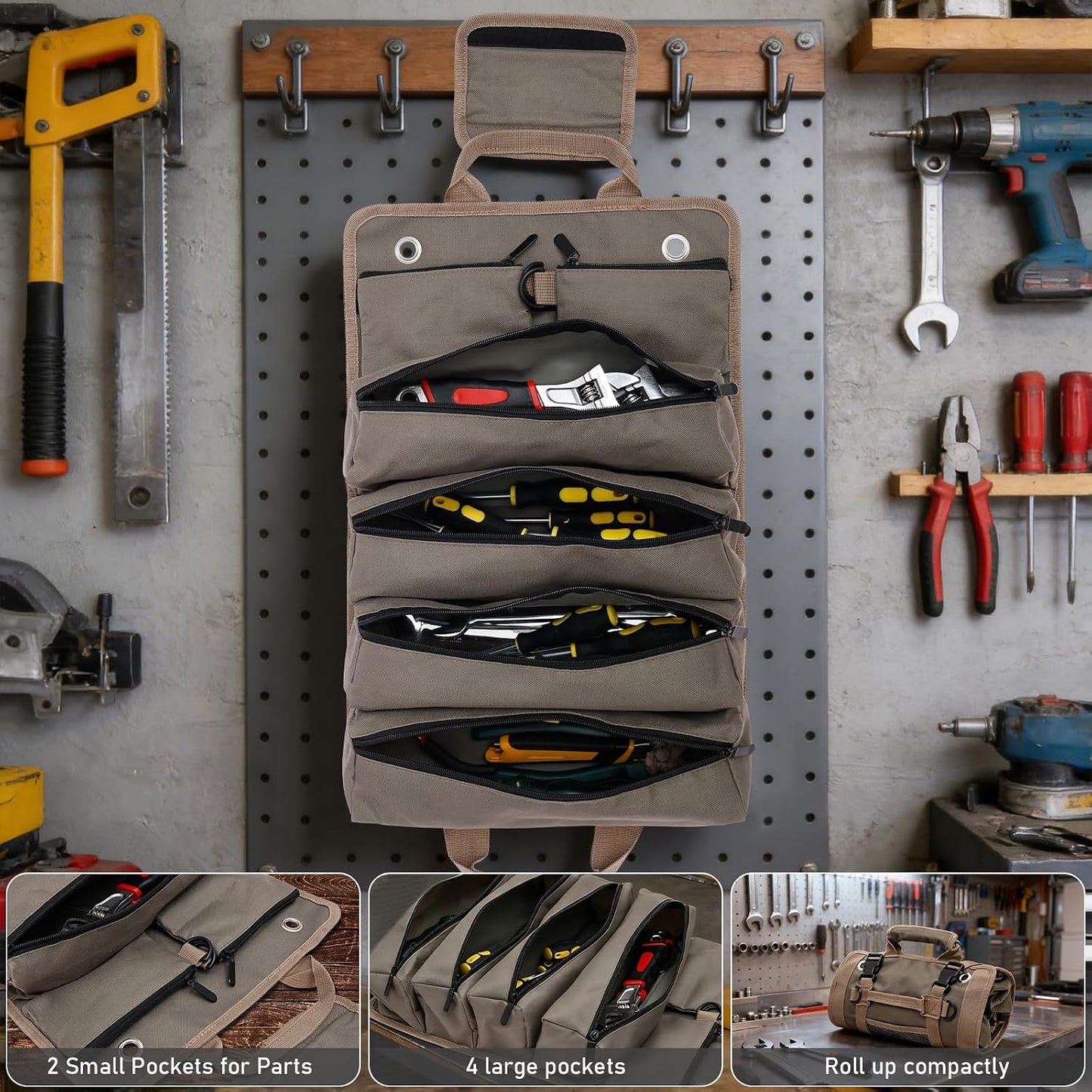  Sac à Outils Enroulable Robuste En Tissu Oxford Multi-poches Avec Poignée De Transport, Porte-clé Portable Pour Charpentier, Plombier, Maison, Atelier, Garage (vert Militaire)