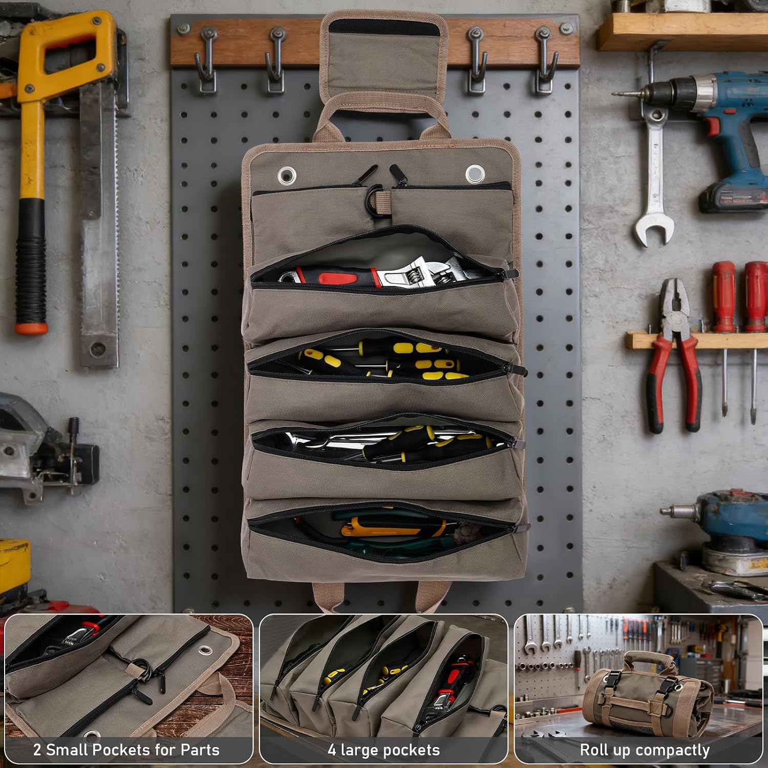  Sac à Outils Enroulable Robuste En Tissu Oxford Multi-poches Avec Poignée De Transport, Porte-clé Portable Pour Charpentier, Plombier, Maison, Atelier, Garage (vert Militaire)