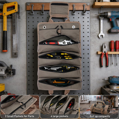  Sac à Outils Enroulable Robuste En Tissu Oxford Multi-poches Avec Poignée De Transport, Porte-clé Portable Pour Charpentier, Plombier, Maison, Atelier, Garage (vert Militaire)