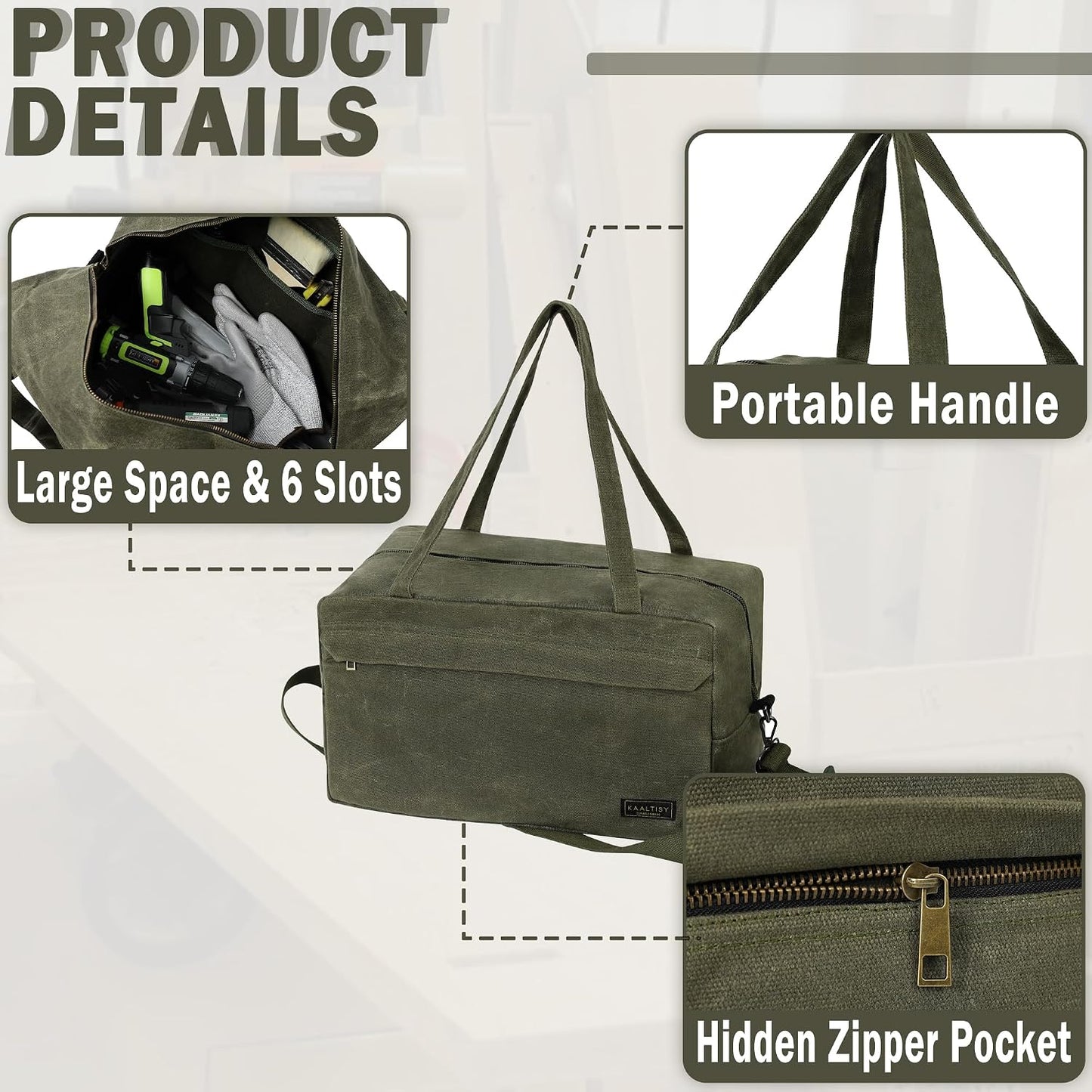  Sac Fourre-tout à Outils, 473,6 G En Toile Cirée Avec 7 Poches Et Bandoulière – Pour électricien, Entrepreneur, Réparateur, Porte-outils De Jardin Multifonction Avec Poignée Portable, Vert Kaki