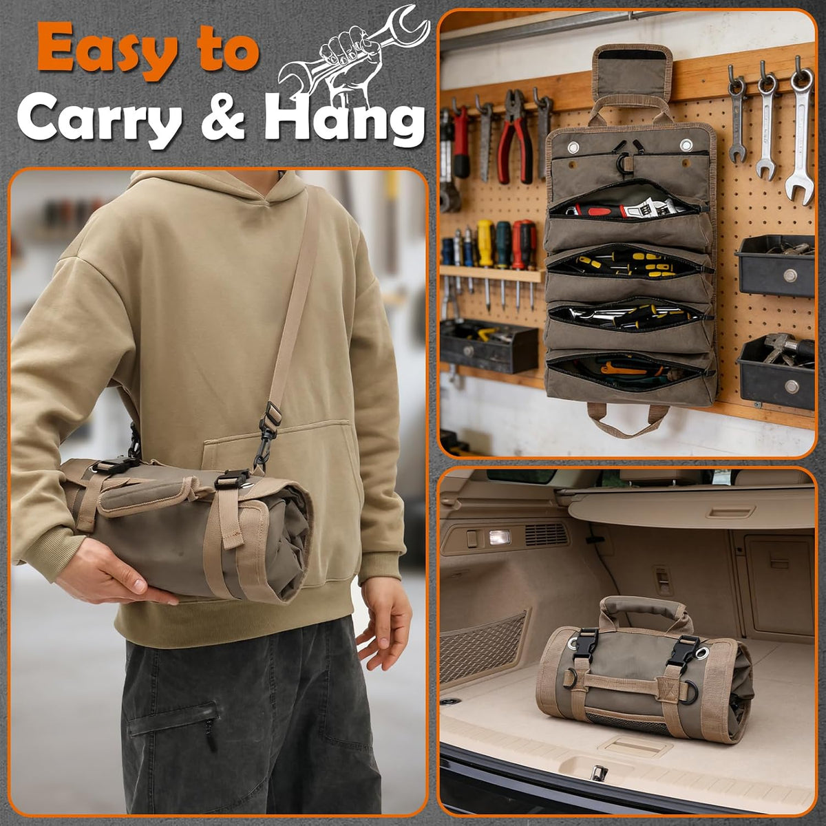  Sac à Outils Enroulable Robuste En Tissu Oxford Multi-poches Avec Poignée De Transport, Porte-clé Portable Pour Charpentier, Plombier, Maison, Atelier, Garage (vert Militaire)