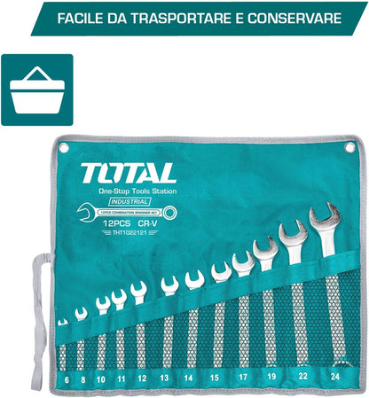  Total Tools - Sac Avec 12 Clés Mixtes | Mesures De 6 à 24 Mm | Clé Fixe Et Clé Coudée | Pour Serrer Ou Desserrer Les écrous Et Les Vis à Tête Hexagonale | Fabriqué En Chrome Vanadium