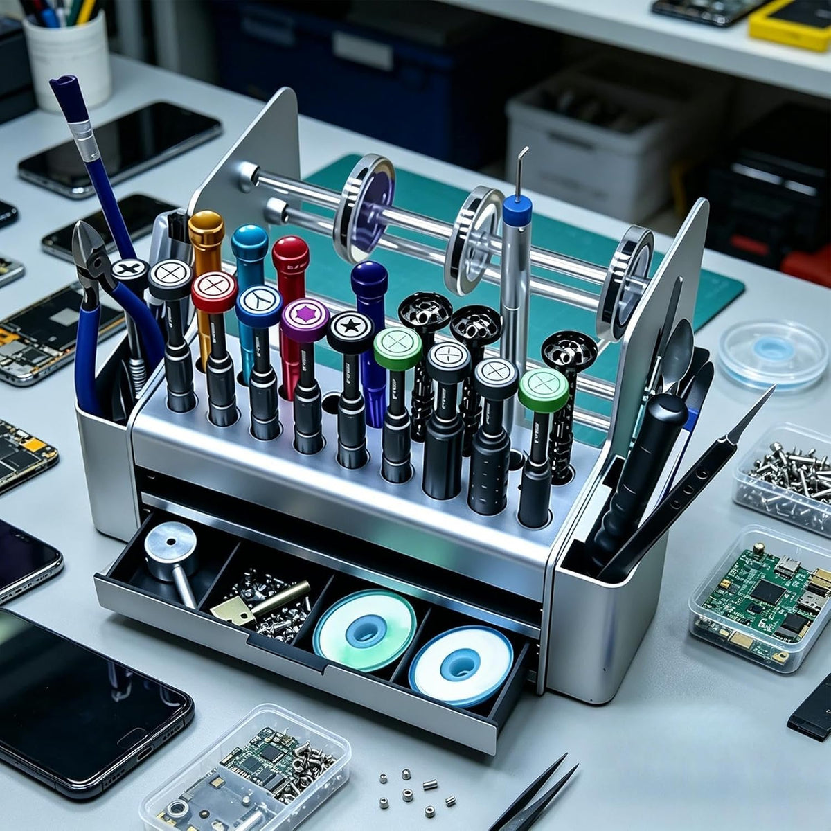  Boîte De Rangement Réparation Téléphone | Avec Tiroir Et Organiseur Gain De Place | Plateau À Outils Réparation Téléphone DIY,pour Tournevis Huile Soudure Cutter Vis Intérieur Bureau Maison Garage
