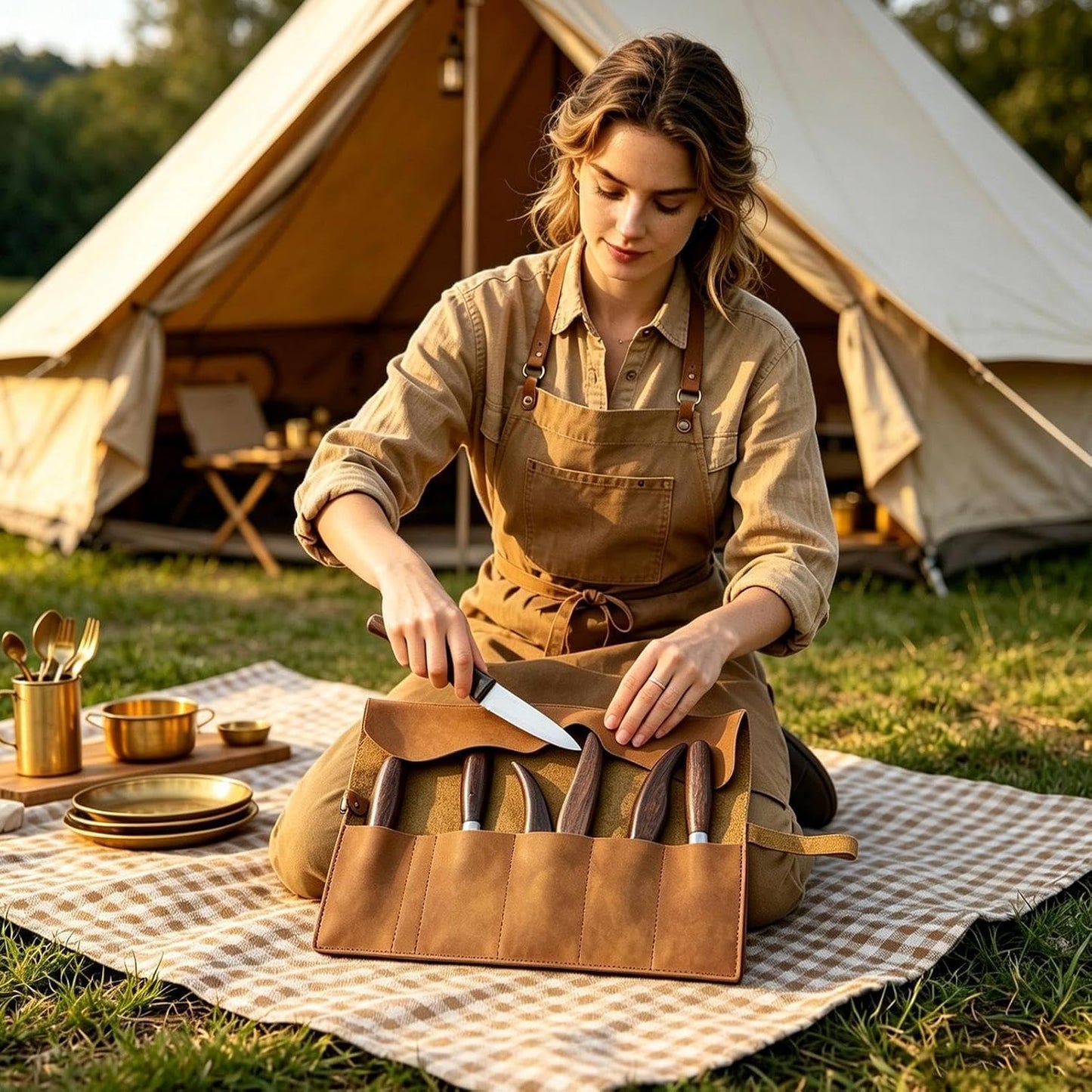 GENERIC Rouleau à Outils En Cuir, Pochette De Rangement Portable, 39 X 24 Cm, Sac De Rangement En Cuir Synthétique Avec 5 Emplacements, Porte-outils De Style Rétro, Style Utilitaire Professionnel Minimal